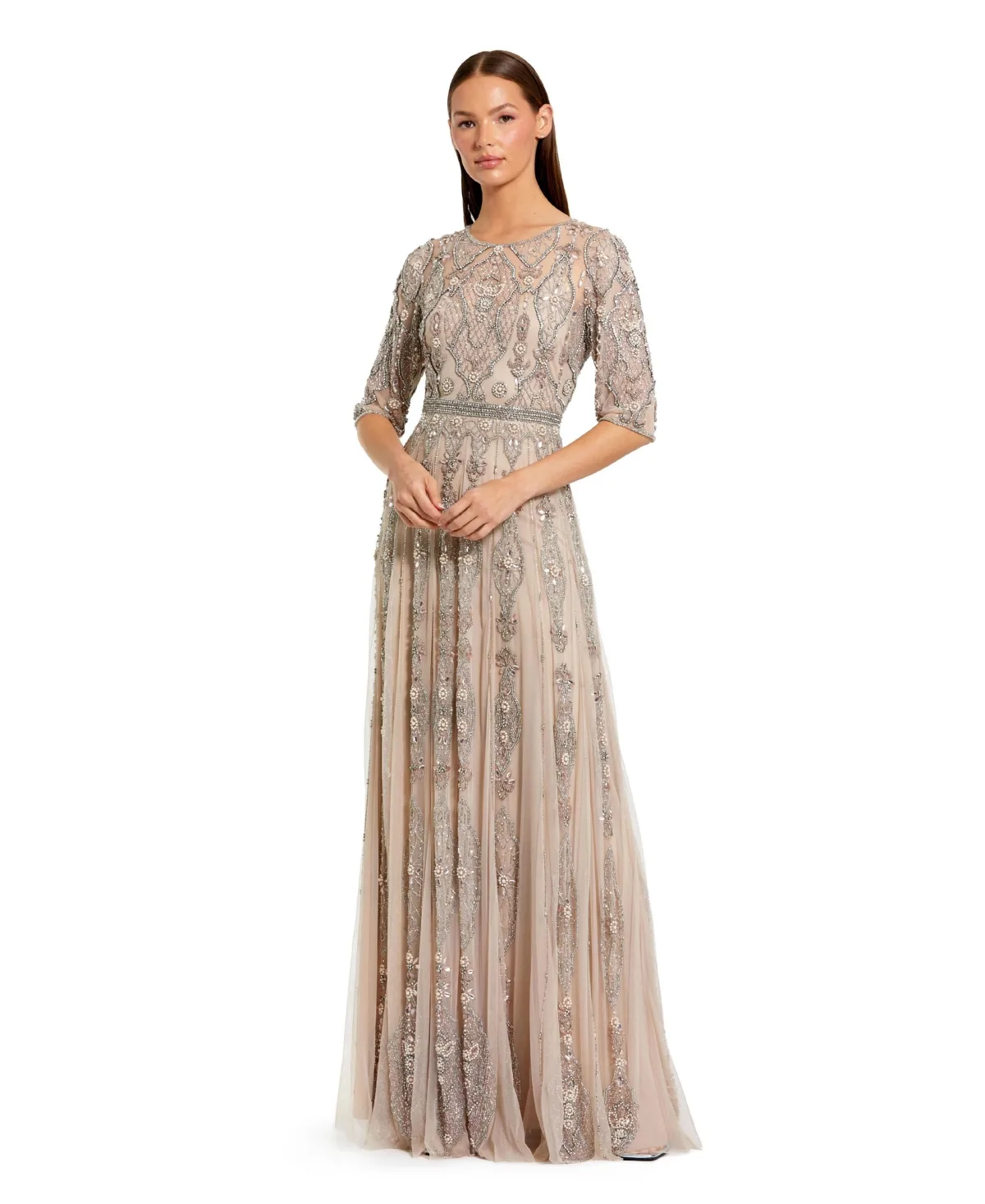 3/4 Sleeve Embellished A-Line Gown