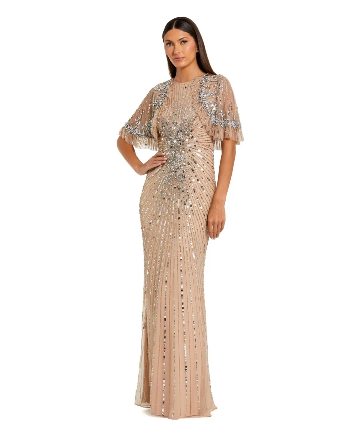Fitted Beaded Mesh Gown with Capelet by Mac Duggal