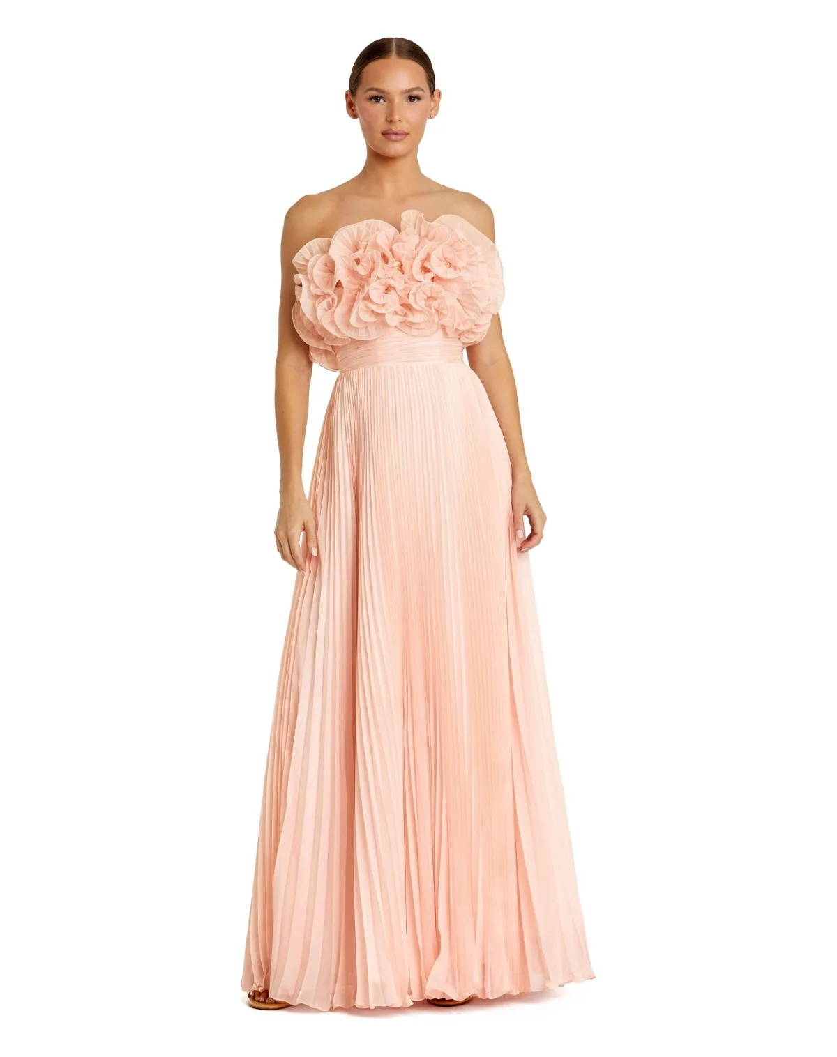 Pleated Chiffon Strapless Gown with Ruffles by Mac Duggal