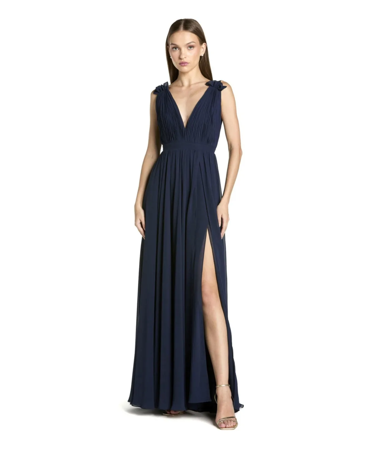 Sleeveless Pleated Chiffon V-Neck Gown by Mac Duggal