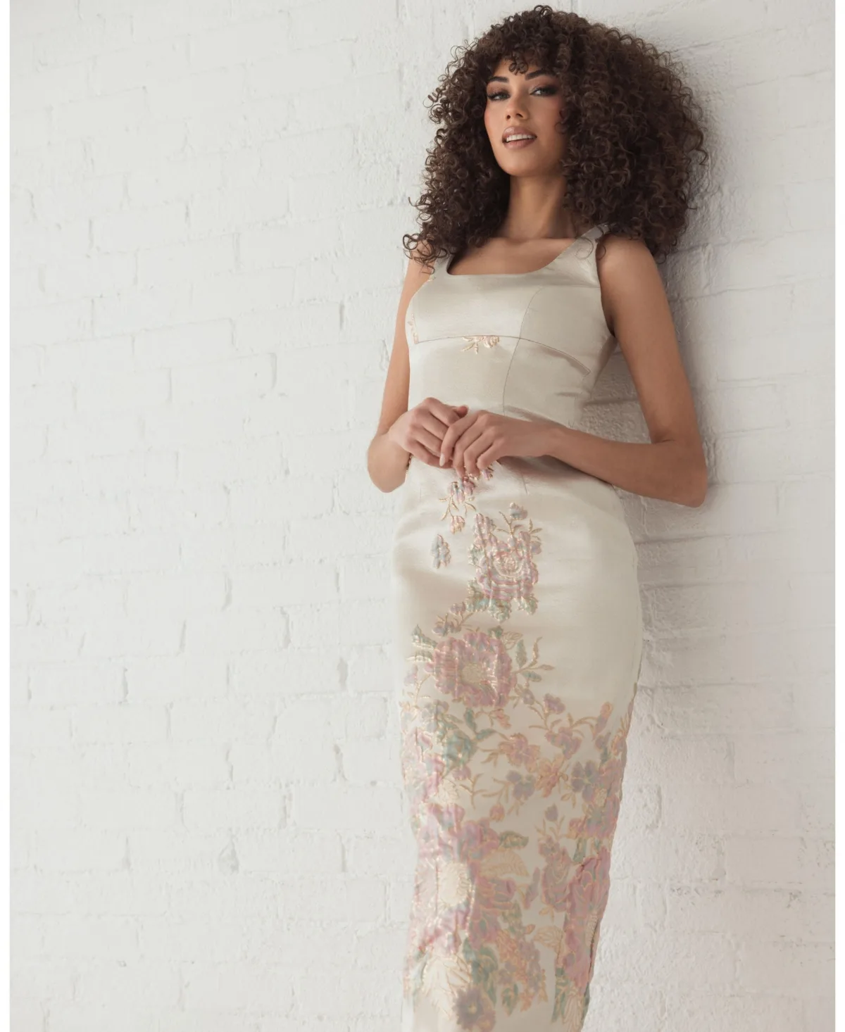 Slim Strap Scoop Neck Bustier Brocade Midi Dress by Mac Duggal