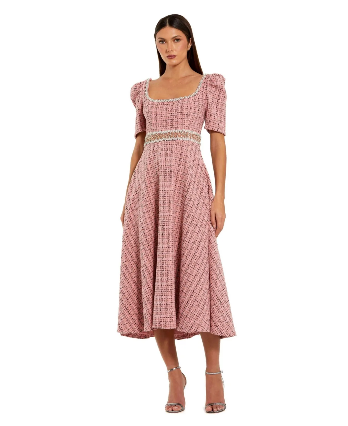 Puff Sleeve Boucle Midi Dress with Beaded Belt by Mac Duggal