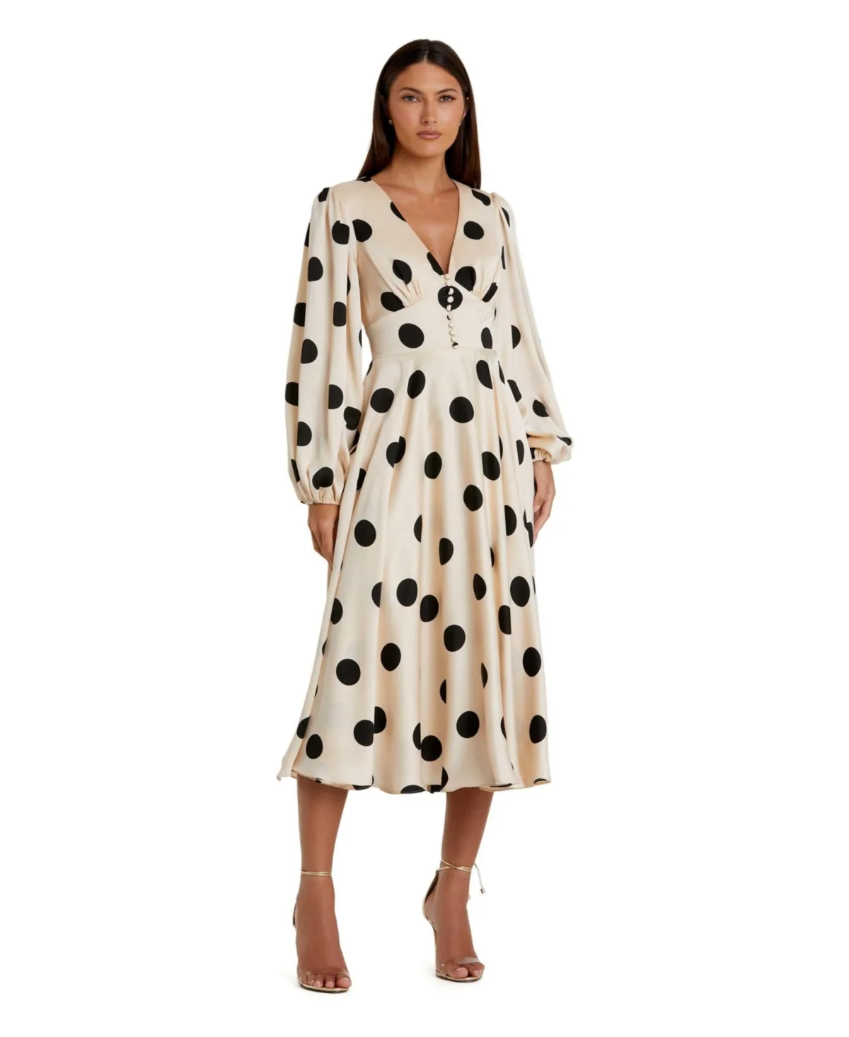 Polka Dot Charmeuse Long Sleeve V Neck Midi Dress by Mac Duggal