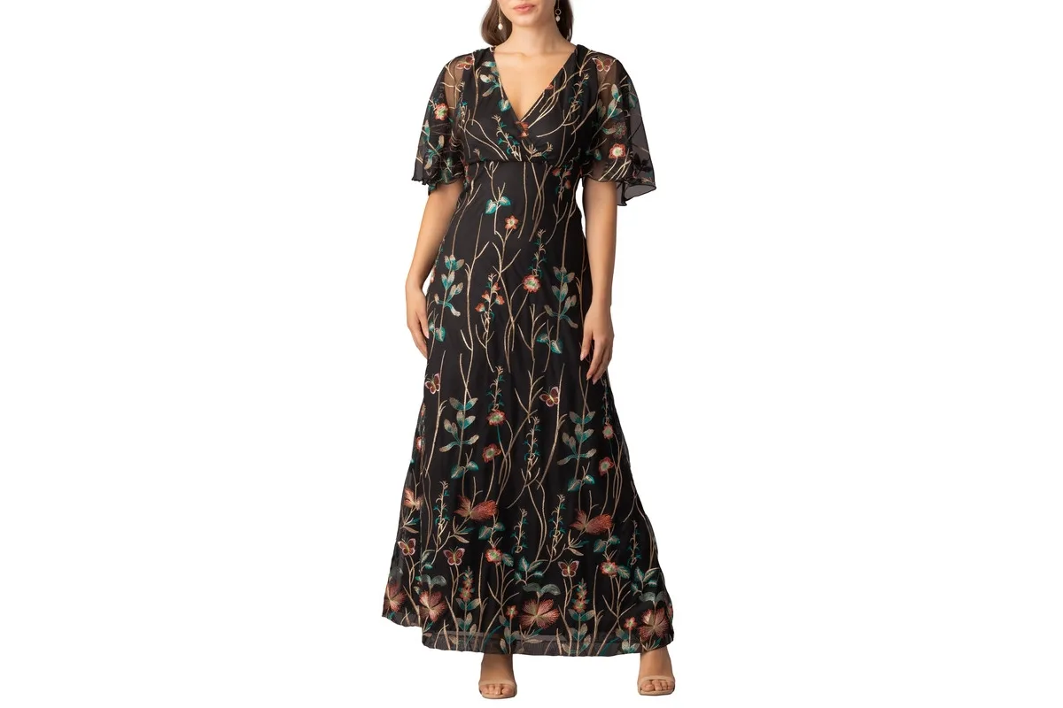 Embroidered Elegance Evening Gown with Sleeves by Kiyonna