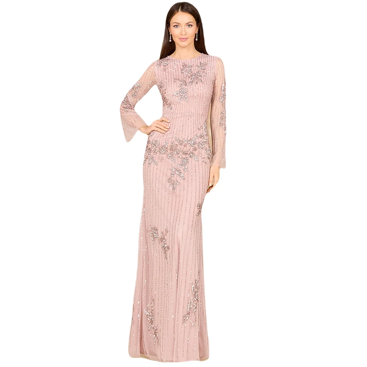 Long Sleeve High Neck Beaded Gown by Lara