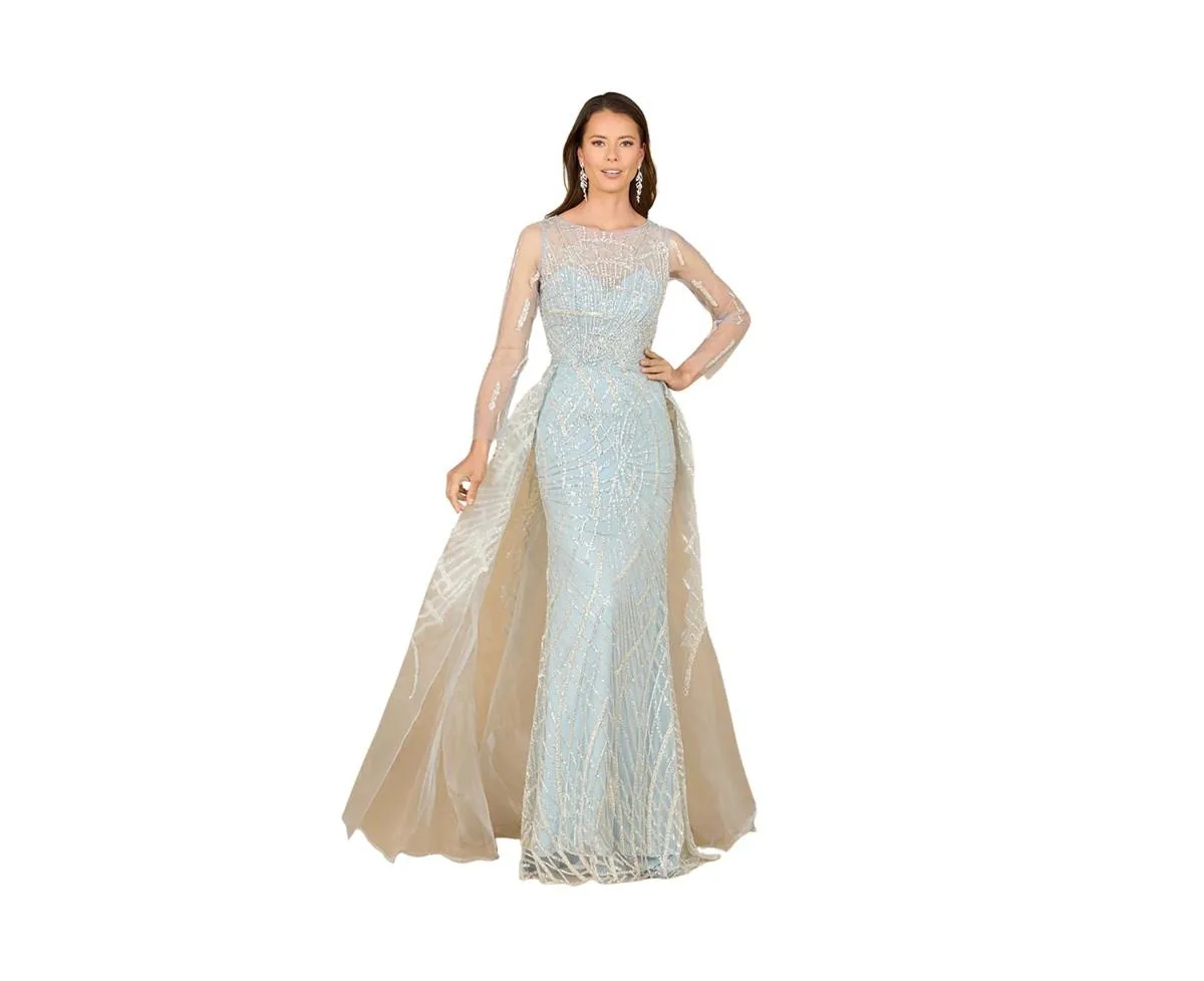 Long Sleeve Lace Gown with Tulle Overskirt by Lara