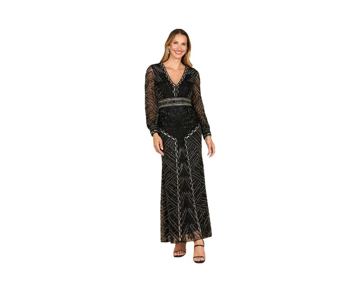 V Neck Beaded Long Sleeve Dress by Lara