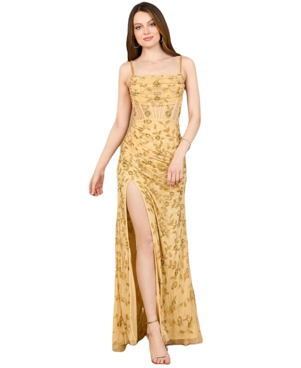 Beaded Corset Gown with Slit by Lara