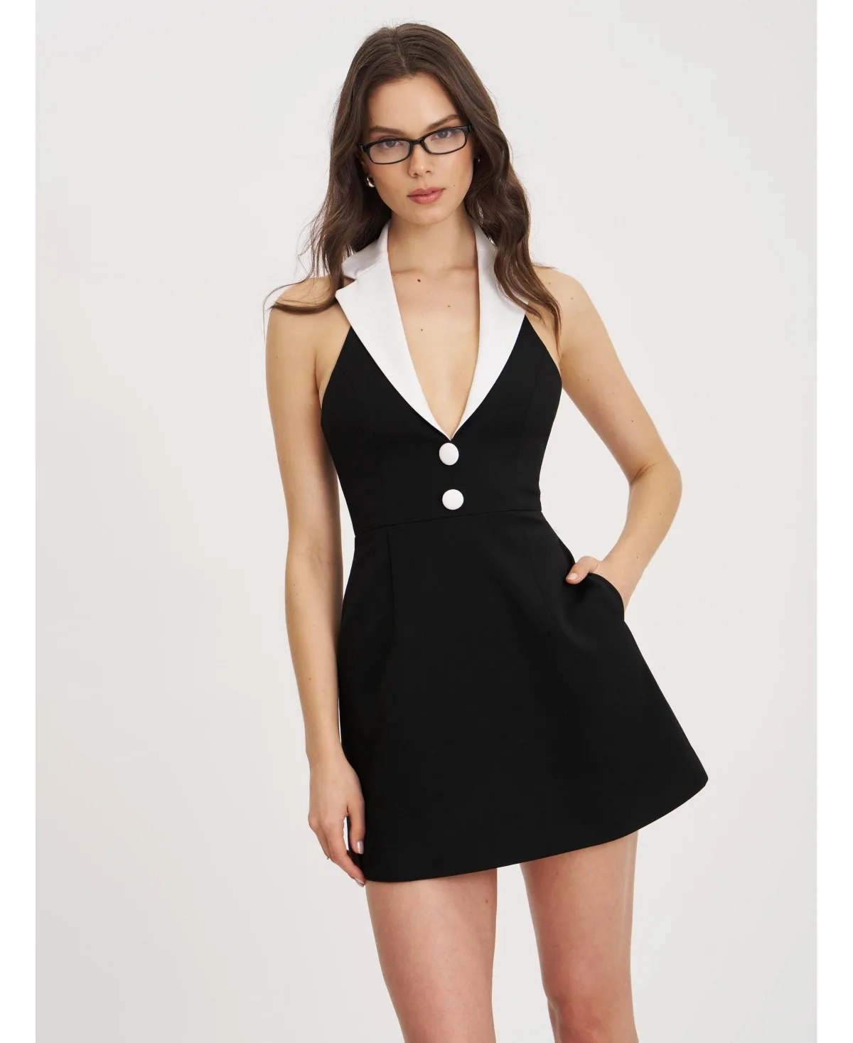 Ignacia Office Casual Black and White Halter Mini A-Line Dress
