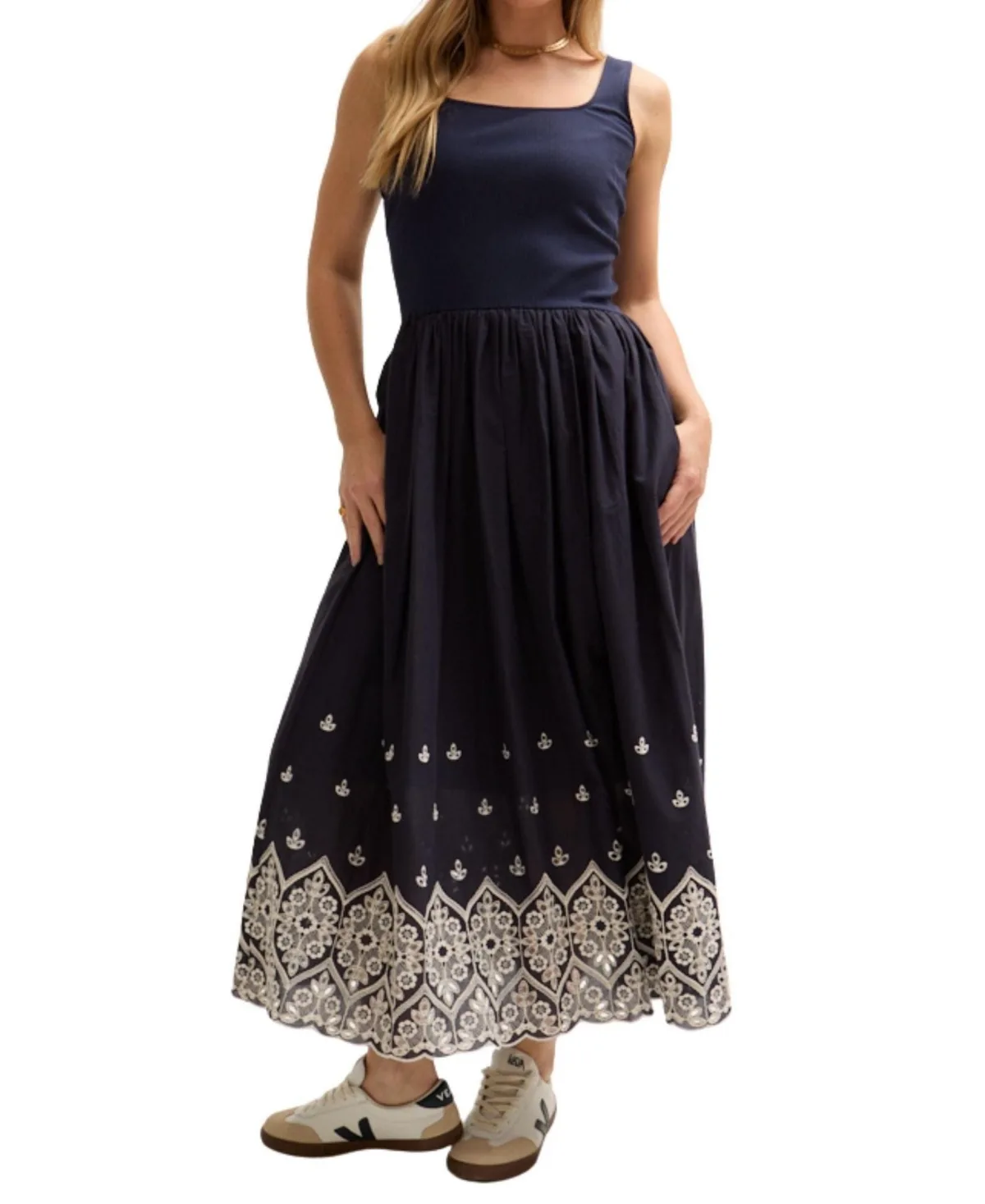 Cora Sleeveless Jersey Bodice Embroidered Midi Dress by Lily And Lionel London