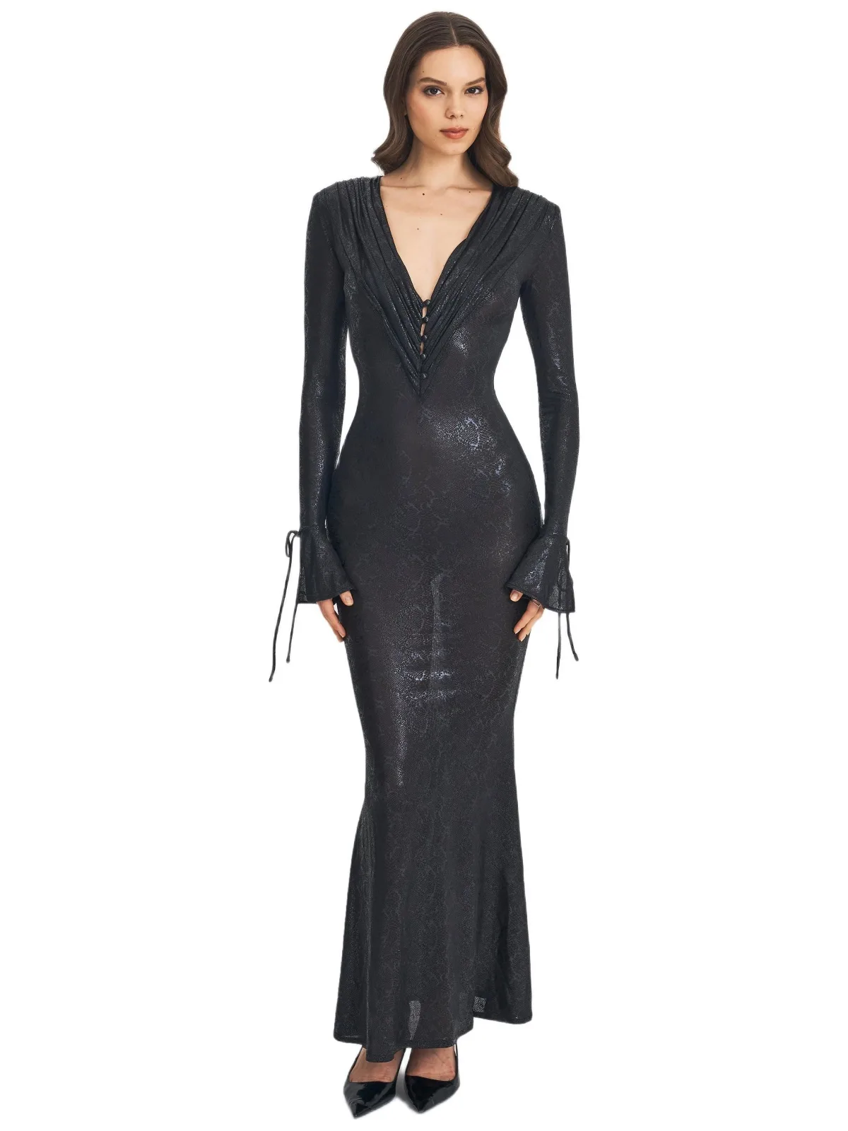 Ilysia Black V-Neck Plunge Snakeskin Mermaid Hem Maxi Dress by Miss Circle
