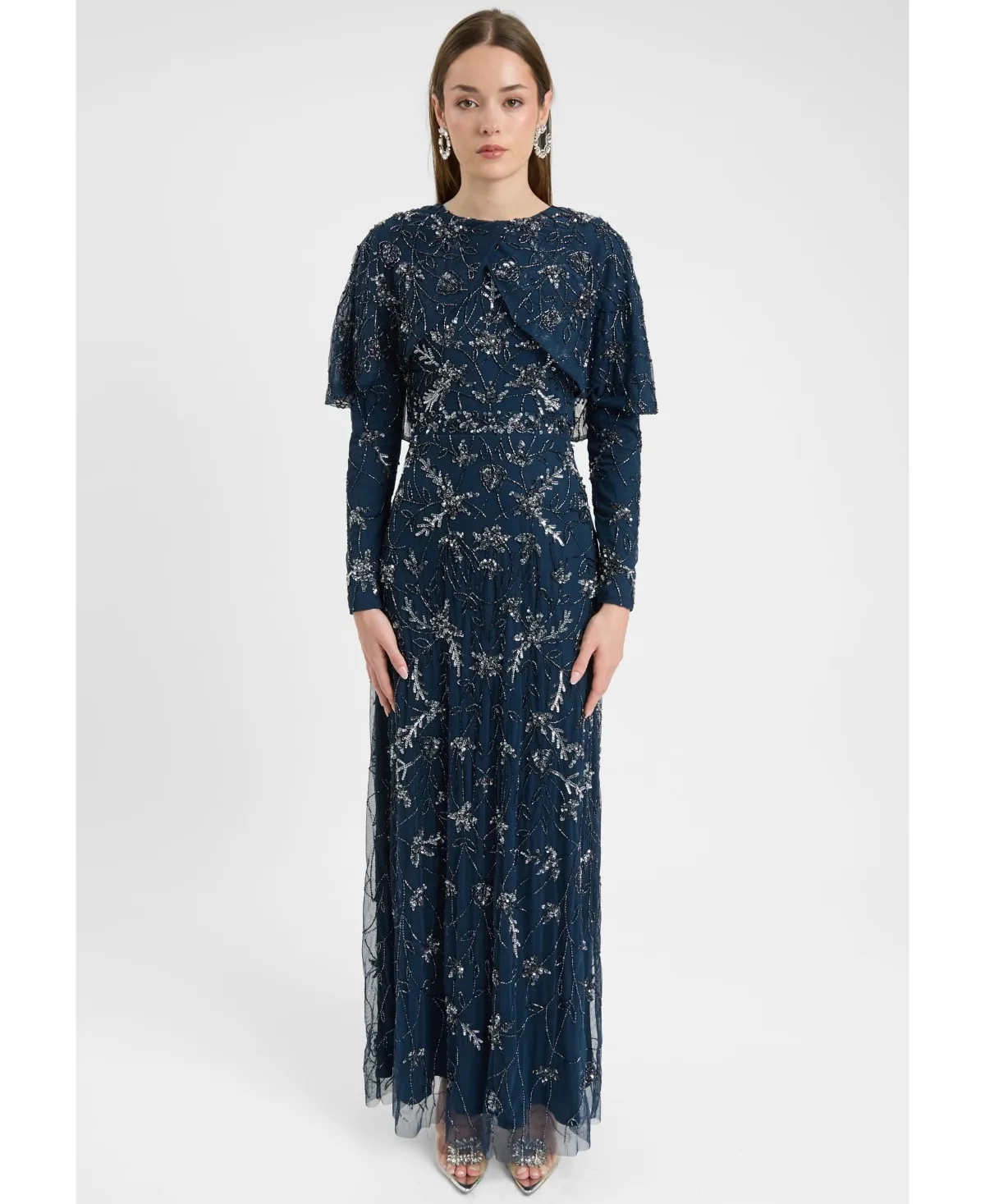Modest Embellished Sequin Beaded Maxi Dress with Attached Cape by Maryisa
