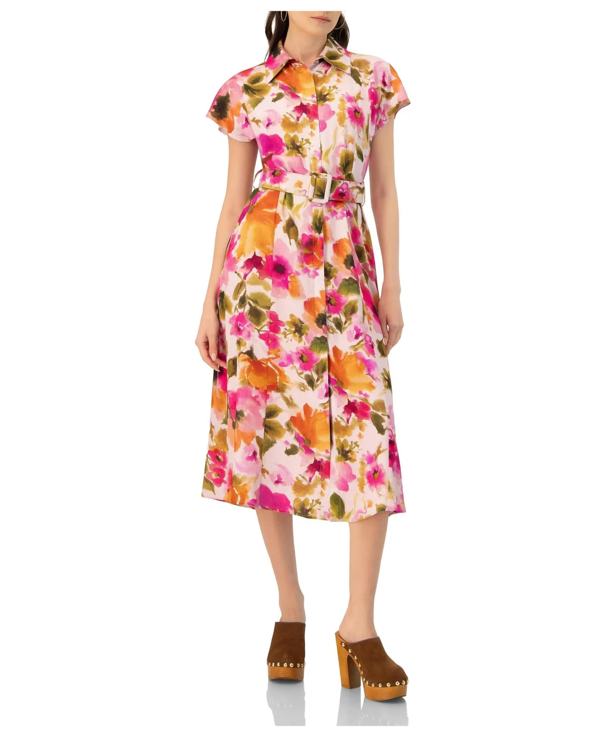 Midi Belted Floral Print Shirt Style Dress by Ivonne