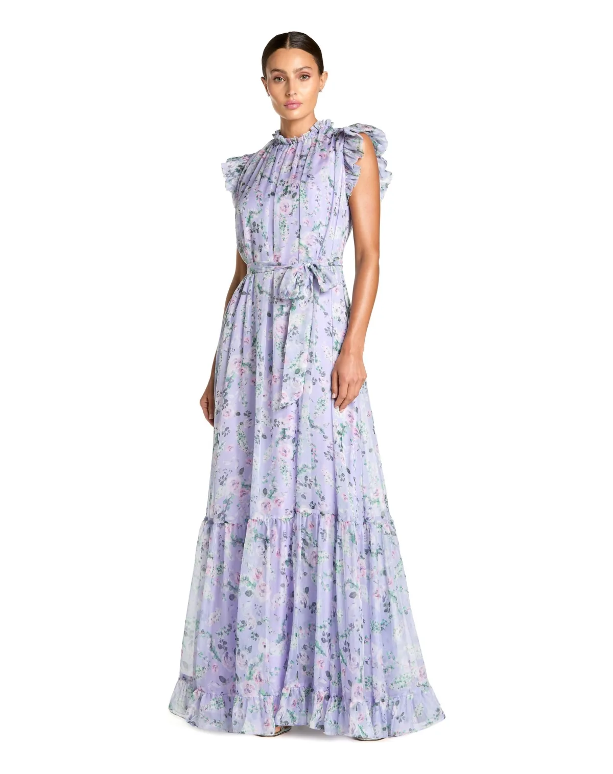 Printed Chiffon Ruffle Sleeve Gown with Bow Belt by Mac Duggal