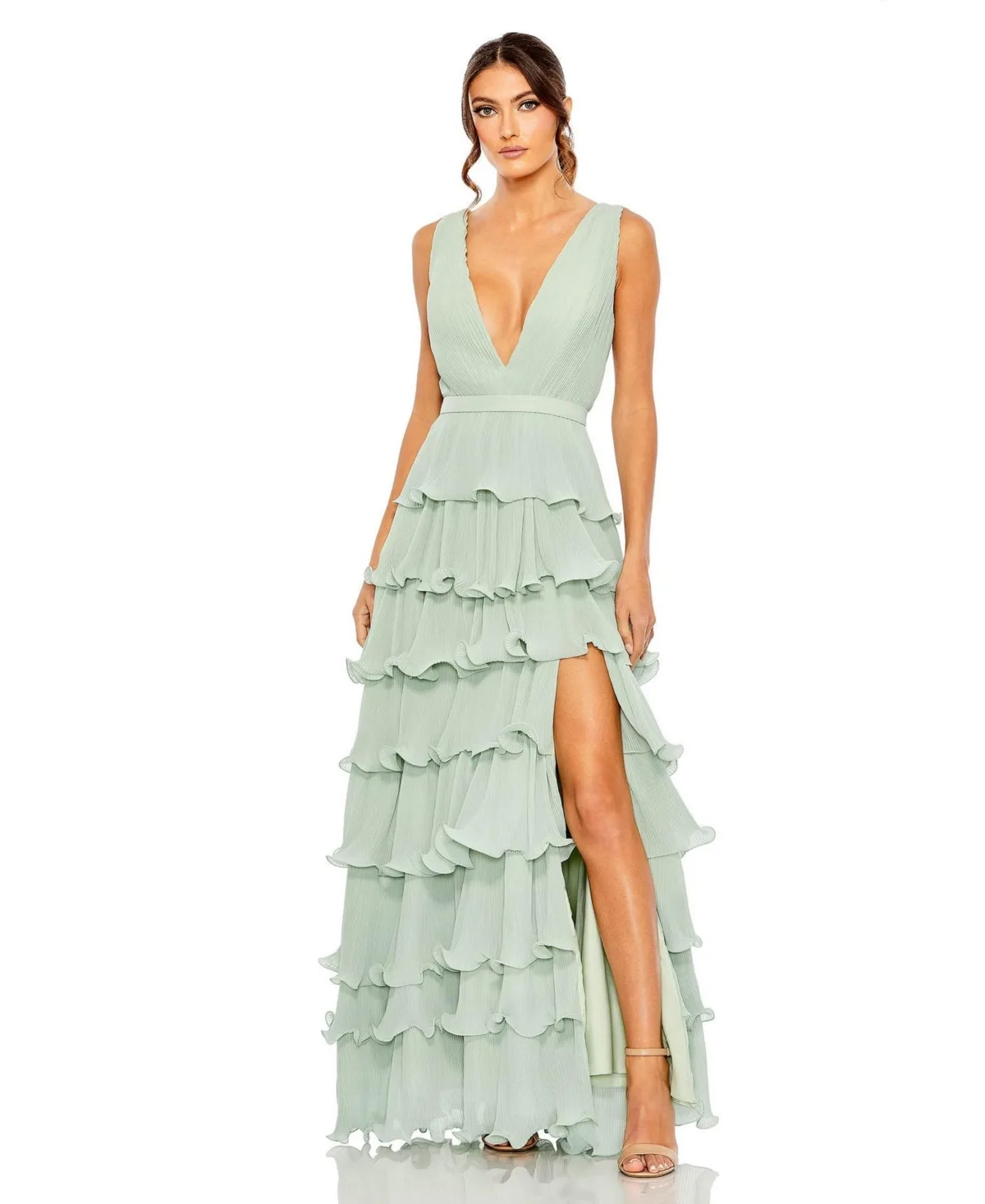 Sleeveless Ruffle Tiered V Neck Gown by Mac Duggal