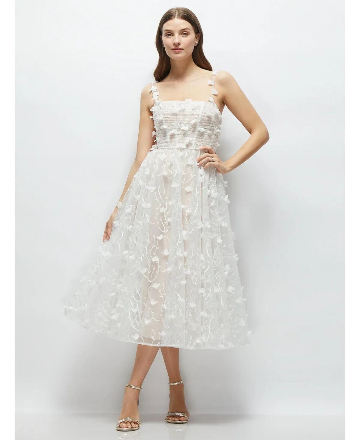 3D Floral Embroidered Little White Midi Dress with Nude Corset Underlay by Dessy Collection