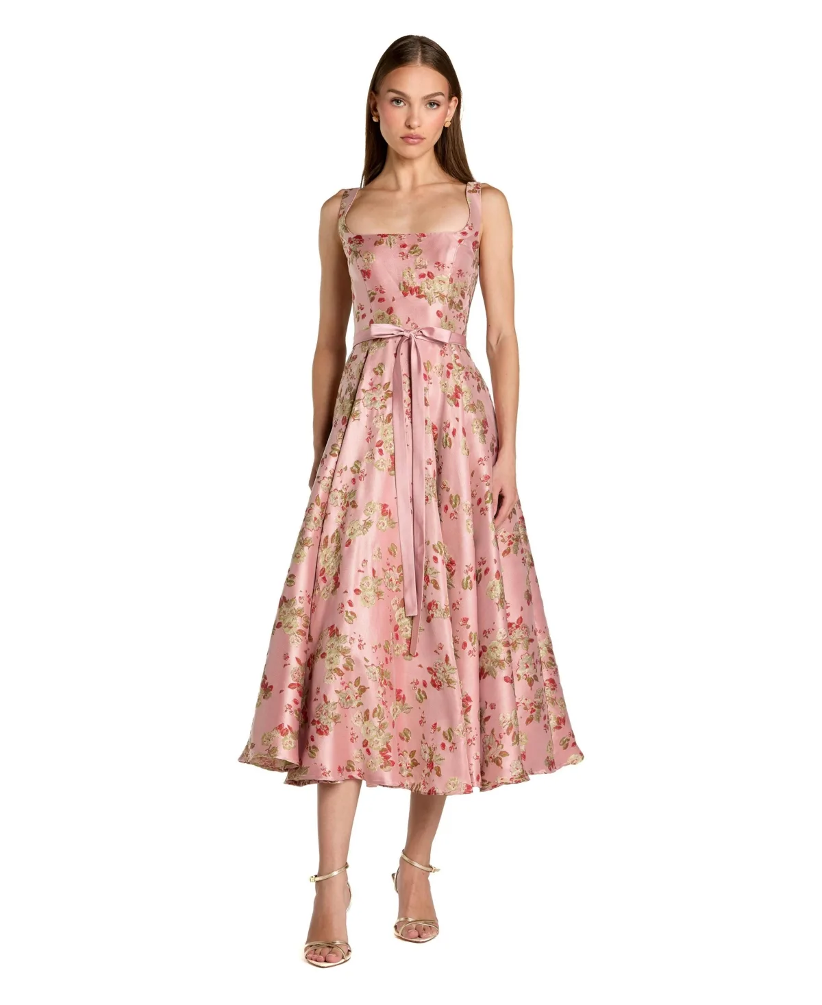 Floral Brocade Square-Neck Midi Dress