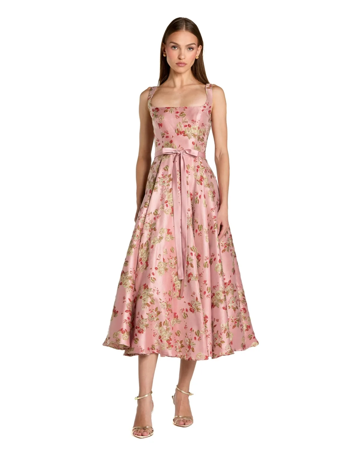 Floral Brocade Square-Neck Midi Dress by Mac Duggal