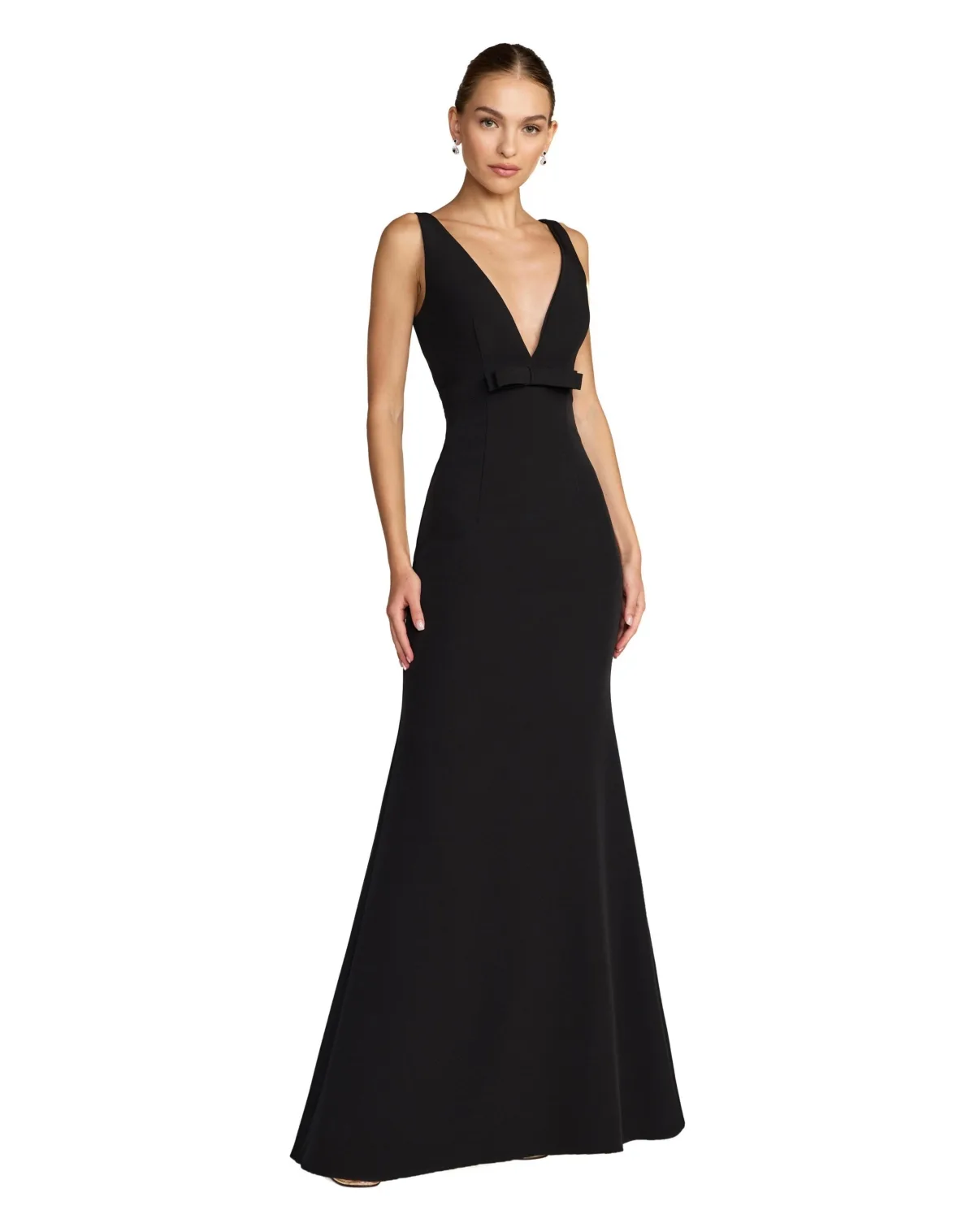 Crepe Sleeveless V Neck Sheath Gown with Bow by Mac Duggal