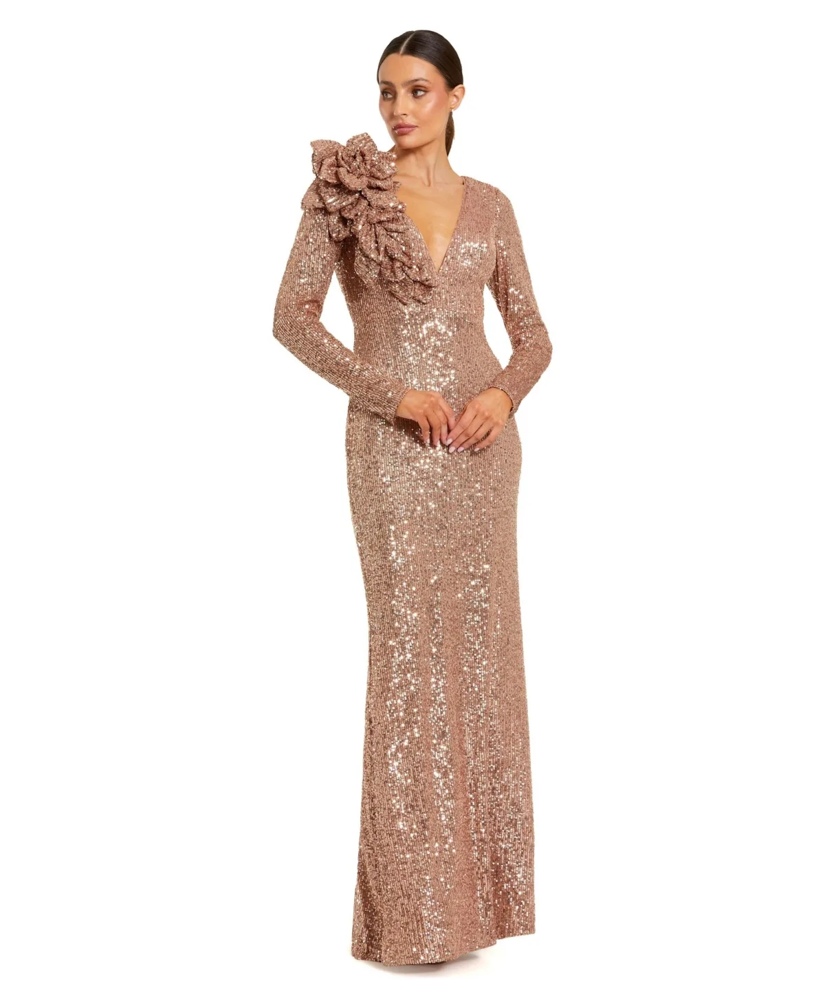 V-Neck Sequin Evening Gown with 3D Floral Applique by Mac Duggal