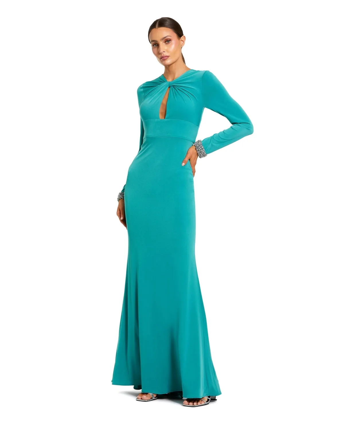 Jersey Long Sleeve Twist Neck Evening Gown by Mac Duggal