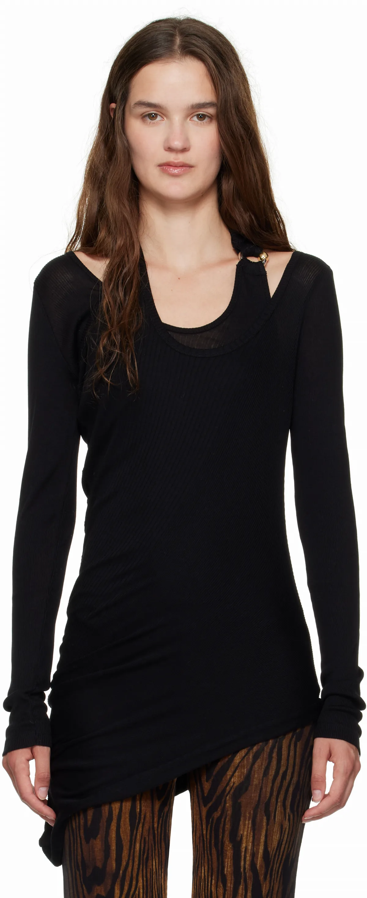 Black Ribbed Twisted Double Layer Piercing T-shirt