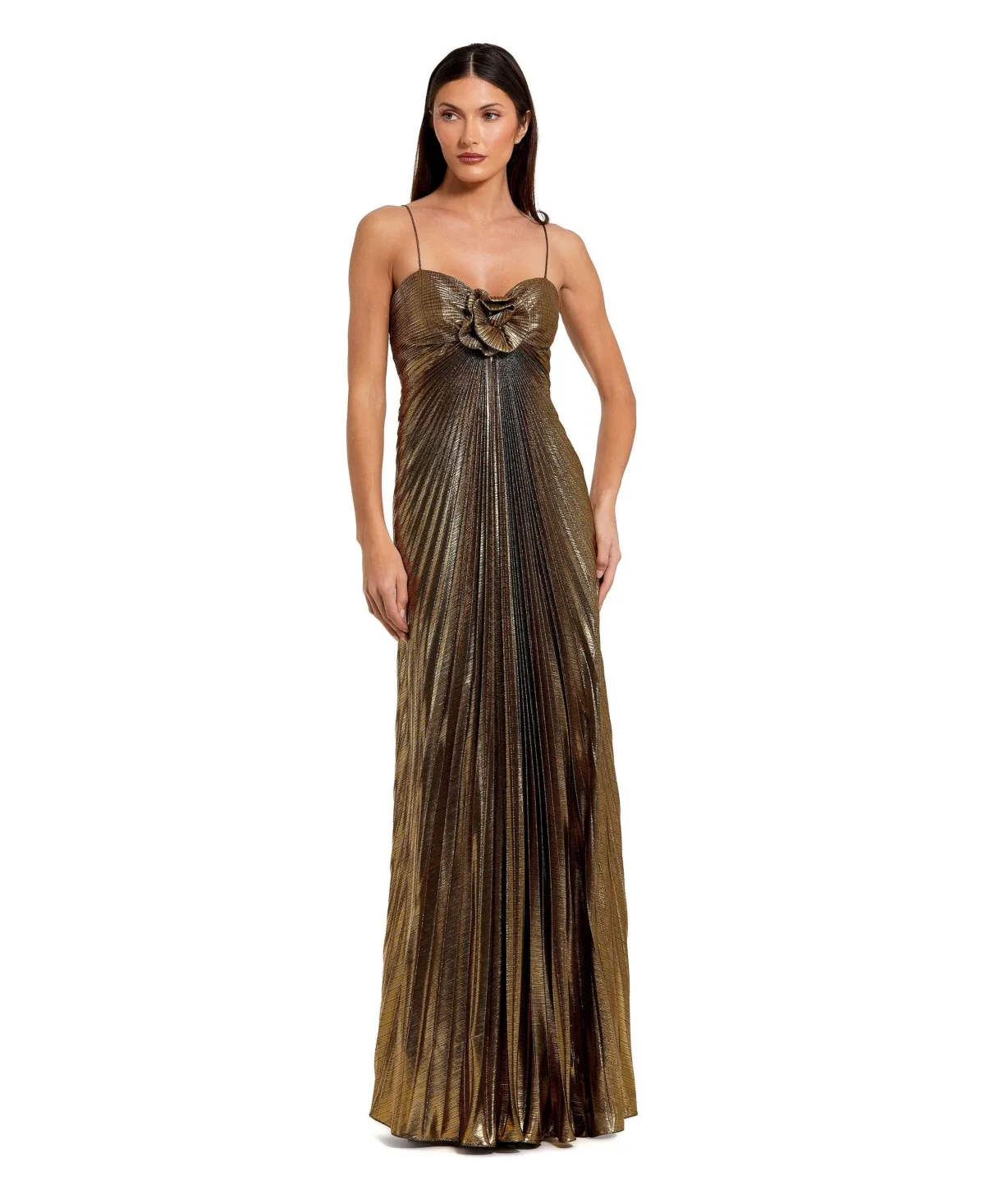 Thin Strap Pleated Metallic Gown with 3D Flower by Mac Duggal