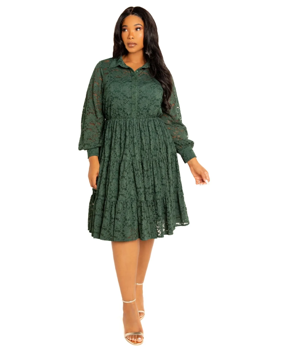 Lace Long Sleeve Tiered Shirt Dress by Buxom Couture