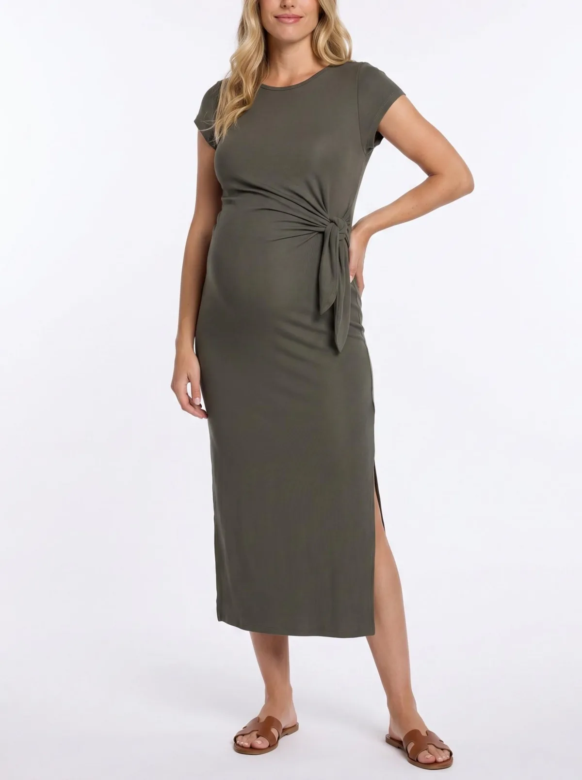Crew Neck Short Sleeve Side Tie Midi Dress by Motherhood Maternity