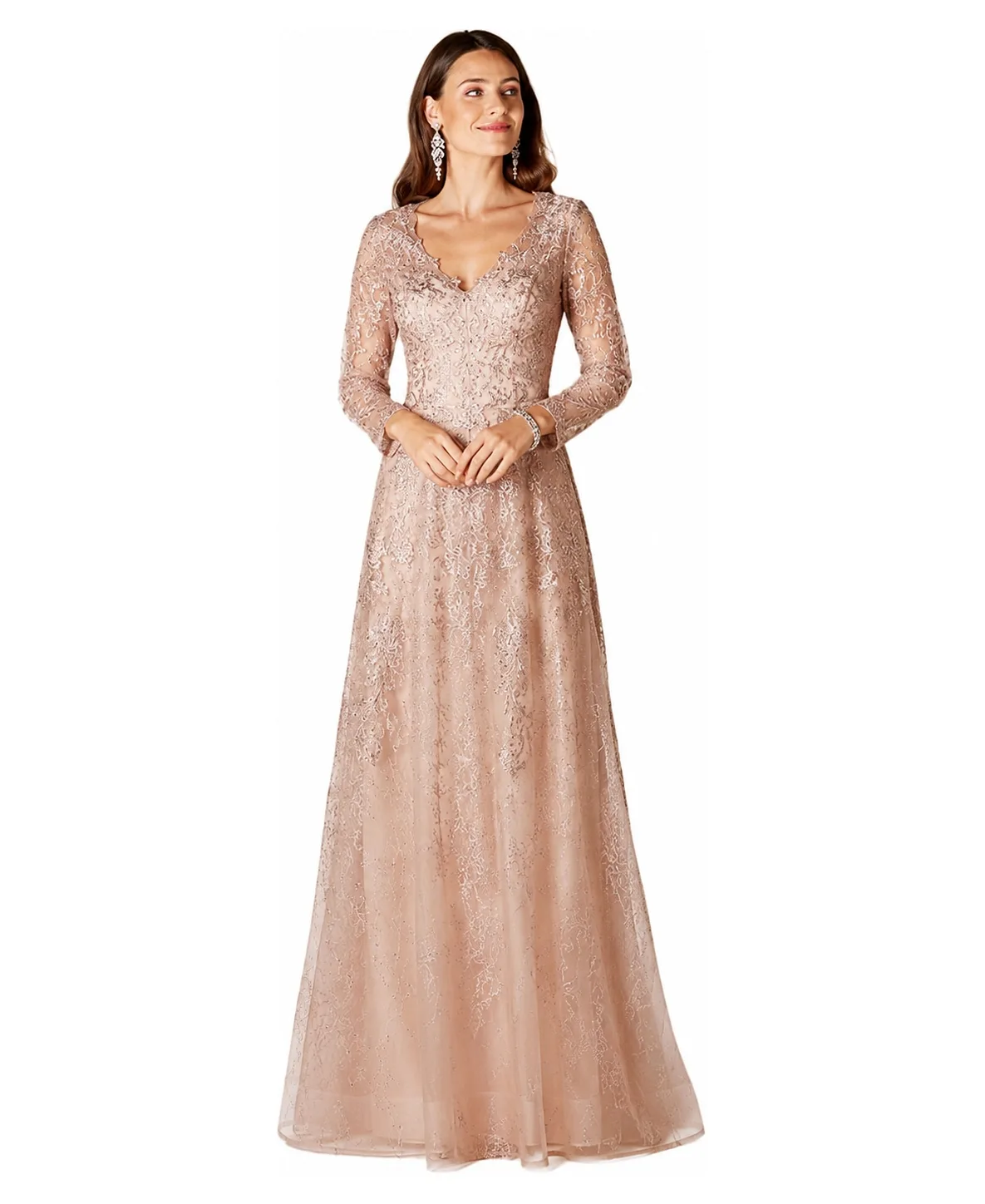 Long Sleeve V-Neck Lace Gown