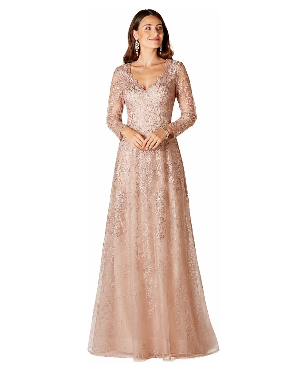 Long Sleeve V-Neck Lace Gown by Lara