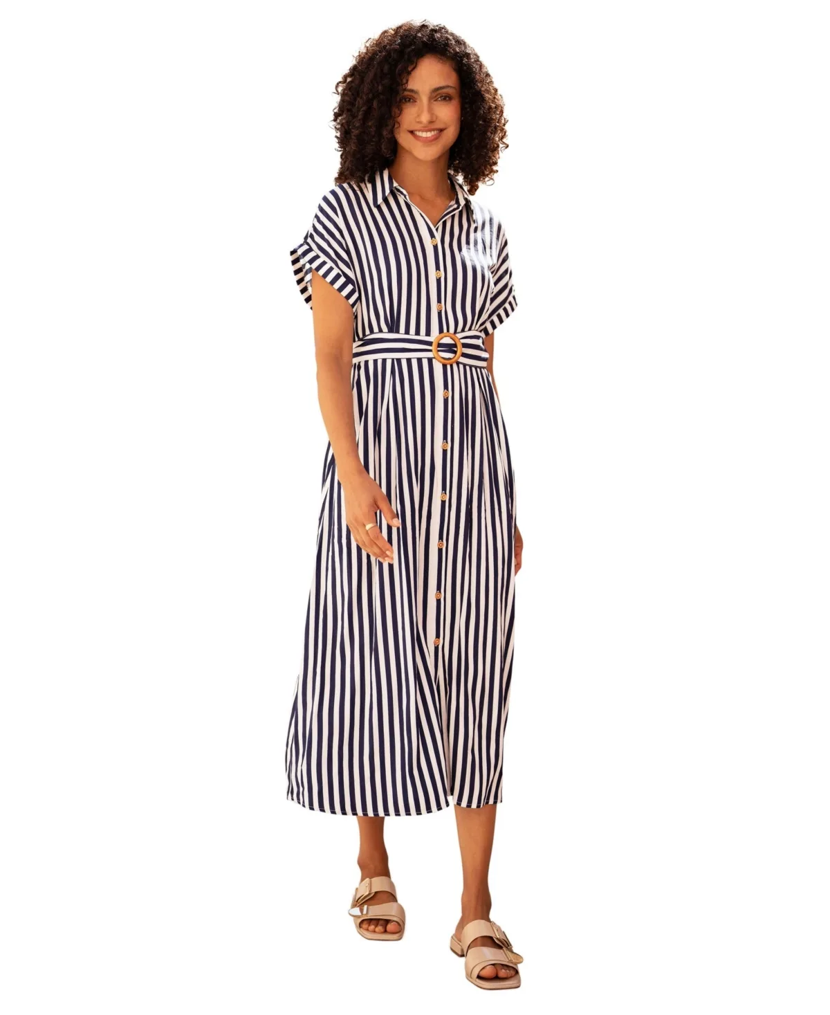 Stripe Print Belted Midi Shirt Dress by Yumi