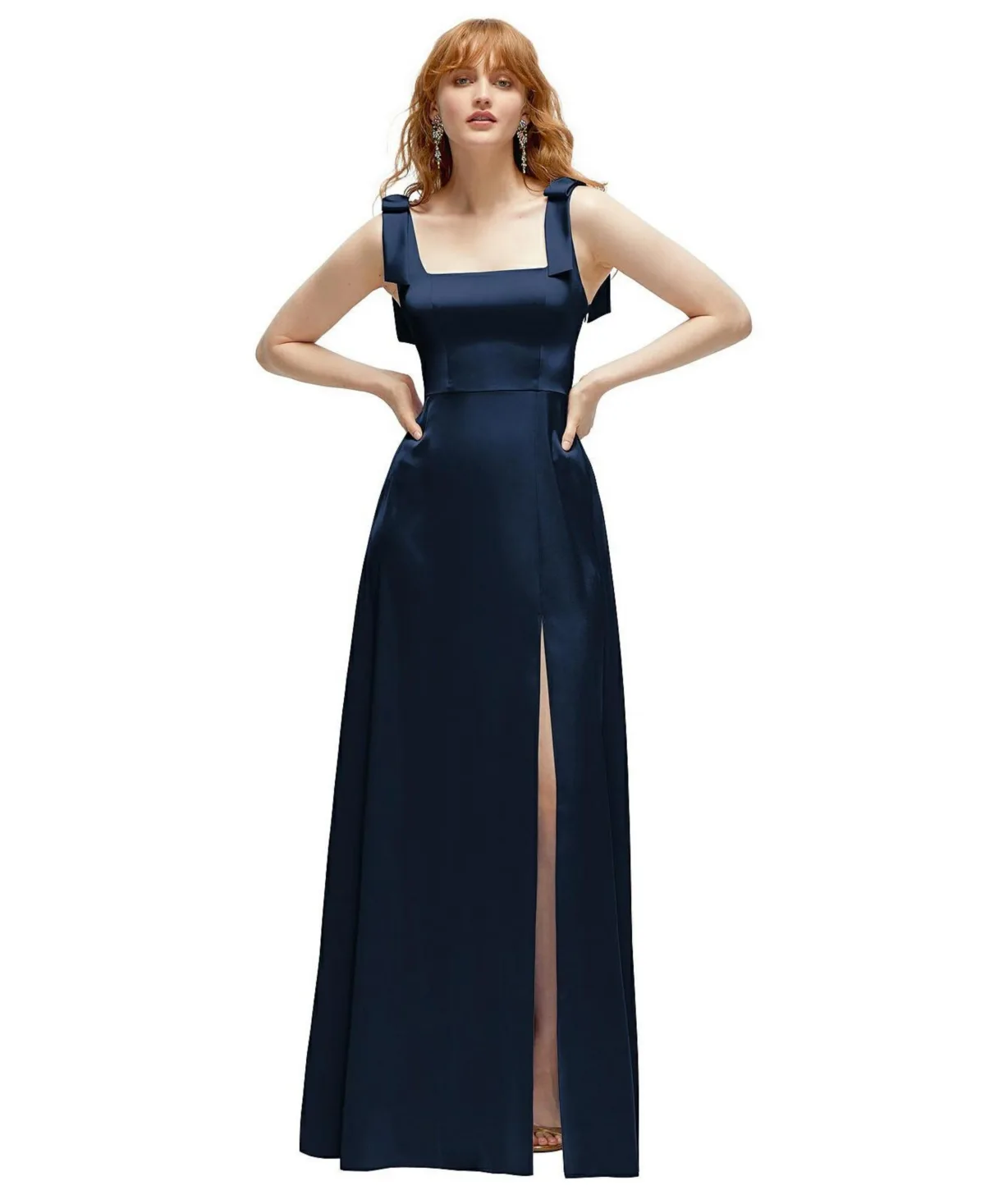 Square Neck Fluid Satin Maxi Dress with Bow Straps by After Six