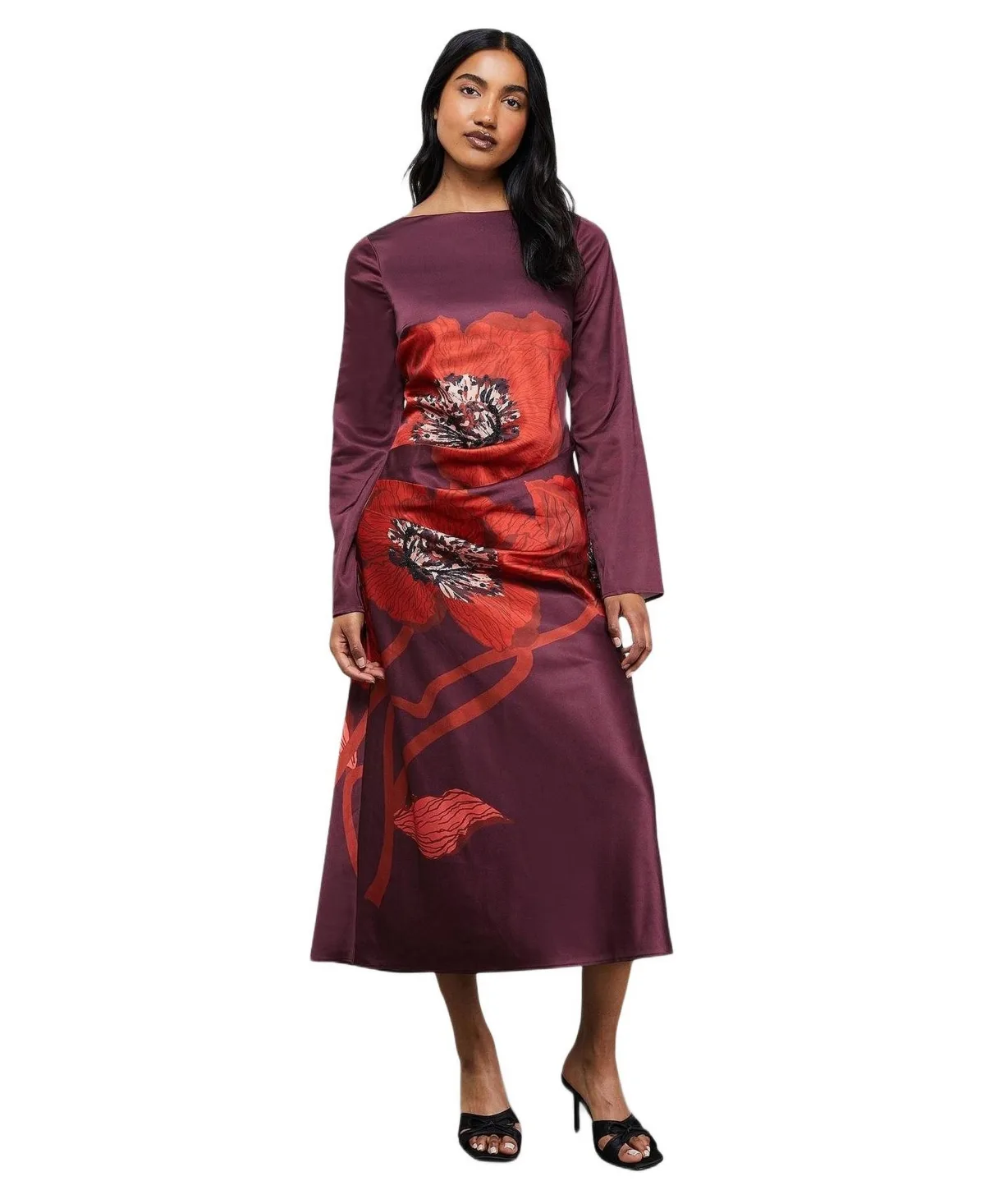 Floral Placement Print Satin Midi Dress by Warehouse