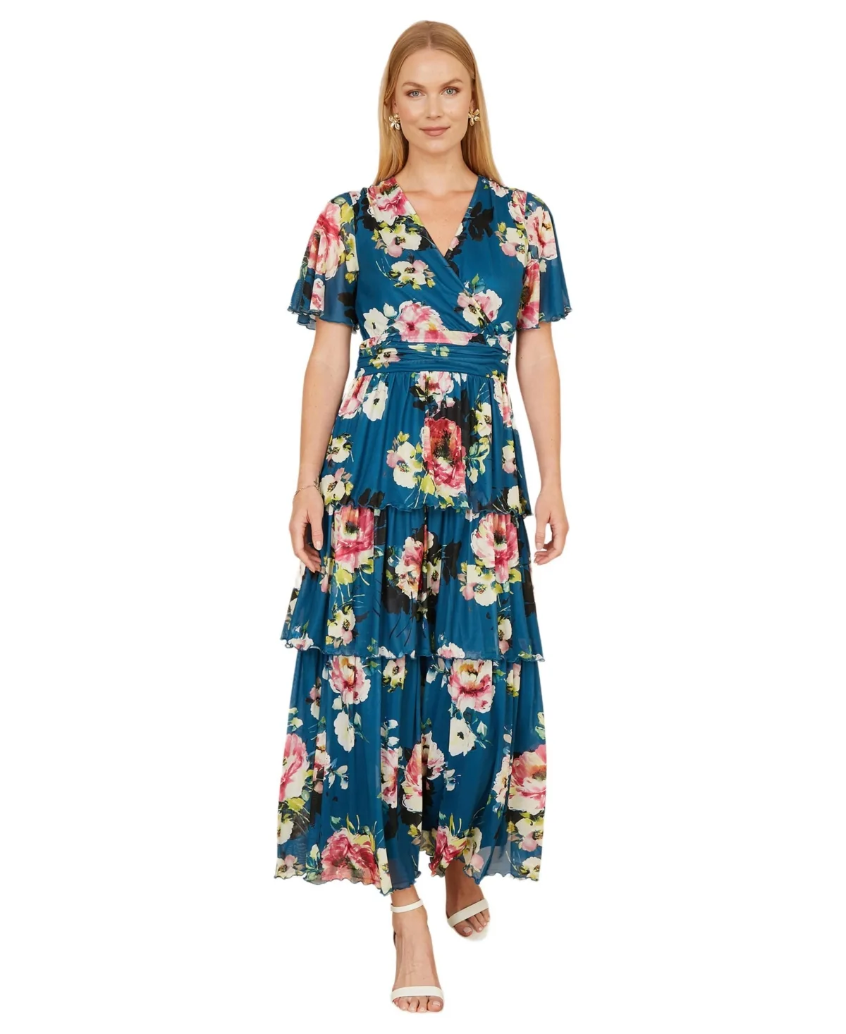 Mesh V-Neck Tiered Maxi Dress by Yumi