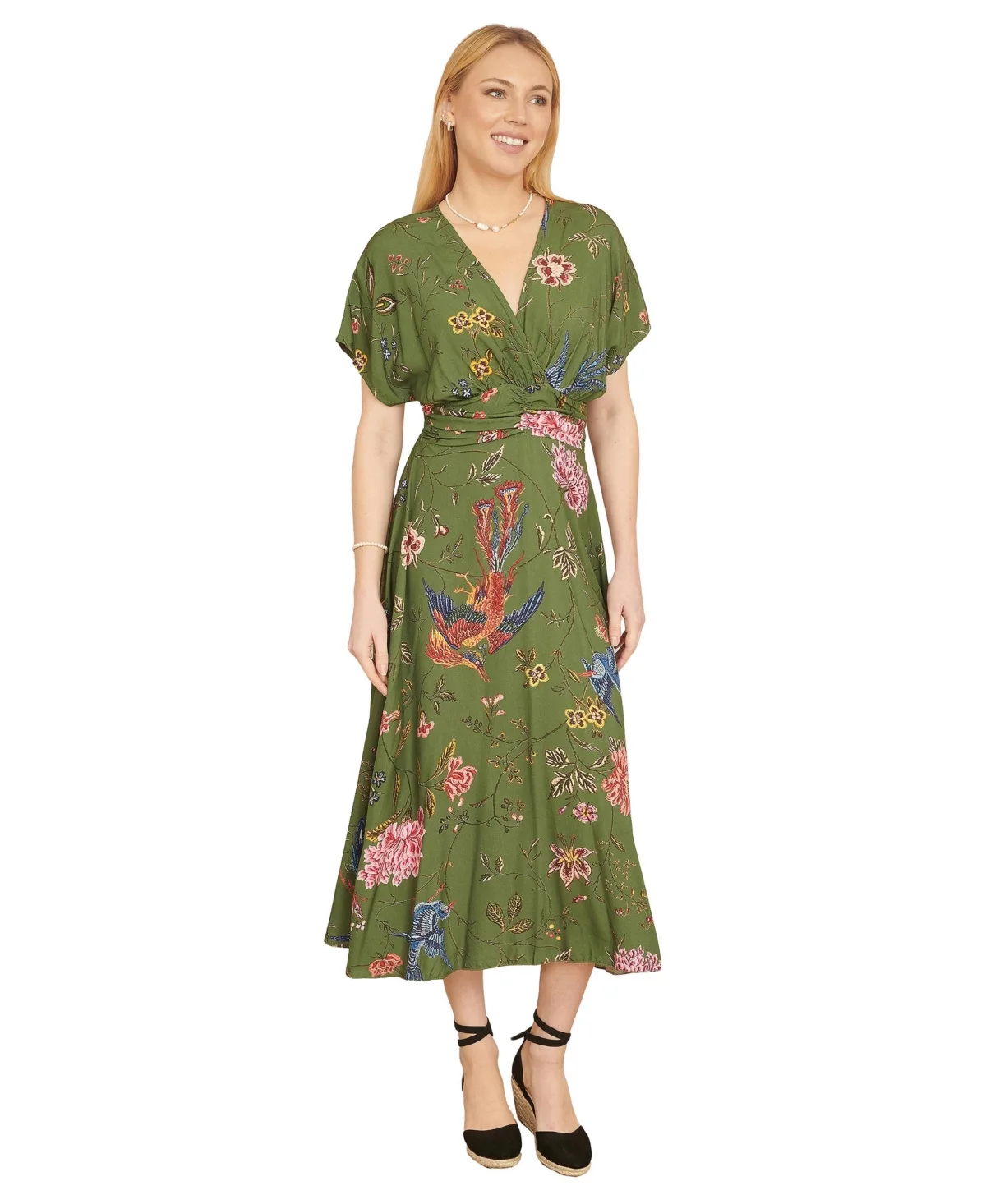 Ruched Waist Kimono Sleeve Midi Dress by Yumi