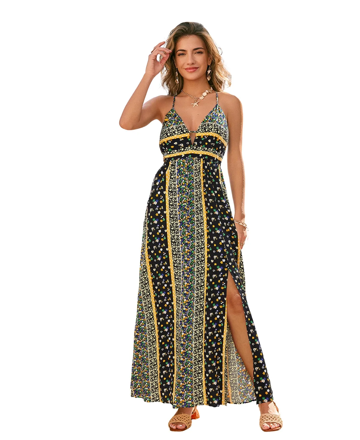 Floral Print Halter Neck Side Slit Maxi Dress