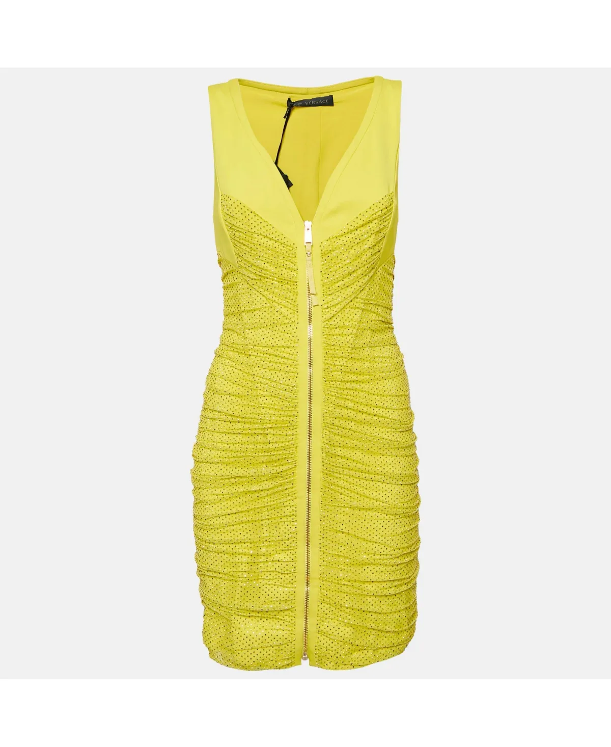 Yellow Embellished Tulle and Jersey Ruche Mini Dress by Pre-owned Versace
