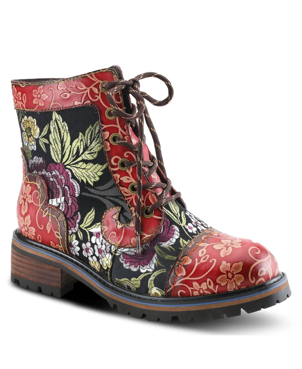 Fantastic Leather Booties with Embroidered Textile, Embossed Floral Leather, Inside Zipper, and Lug Sole by L'artiste