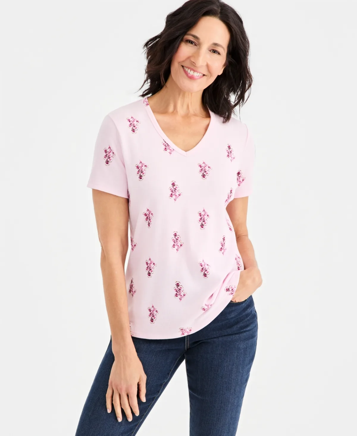 Printed Short-Sleeve V-Neck Top
