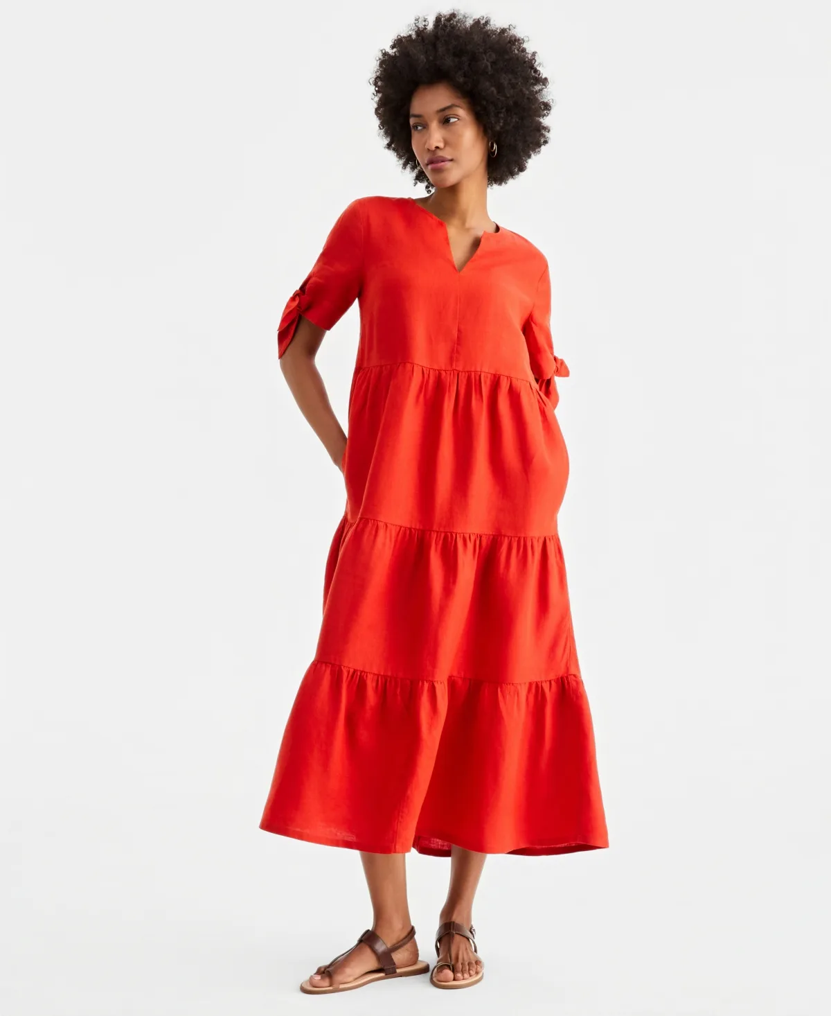 100% Linen Tie-Sleeve Tiered Midi Dress by Charter Club