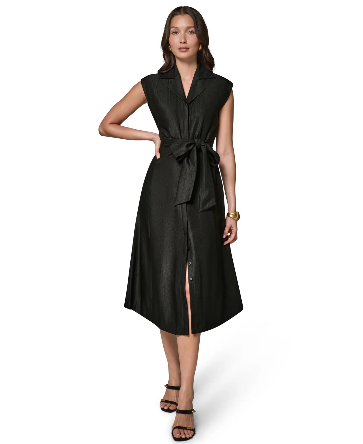 Cap-Sleeve Collared with Self-Tie Belt Shirtdress by Donna Karan New York