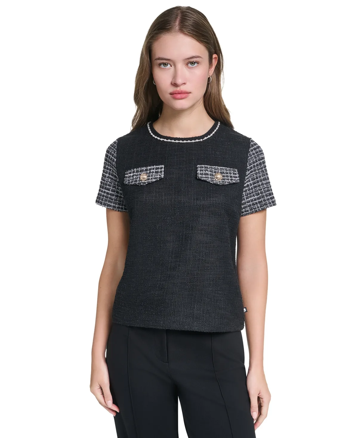 Short-Sleeve Trim Crewneck Blouse by Karl Lagerfeld Paris