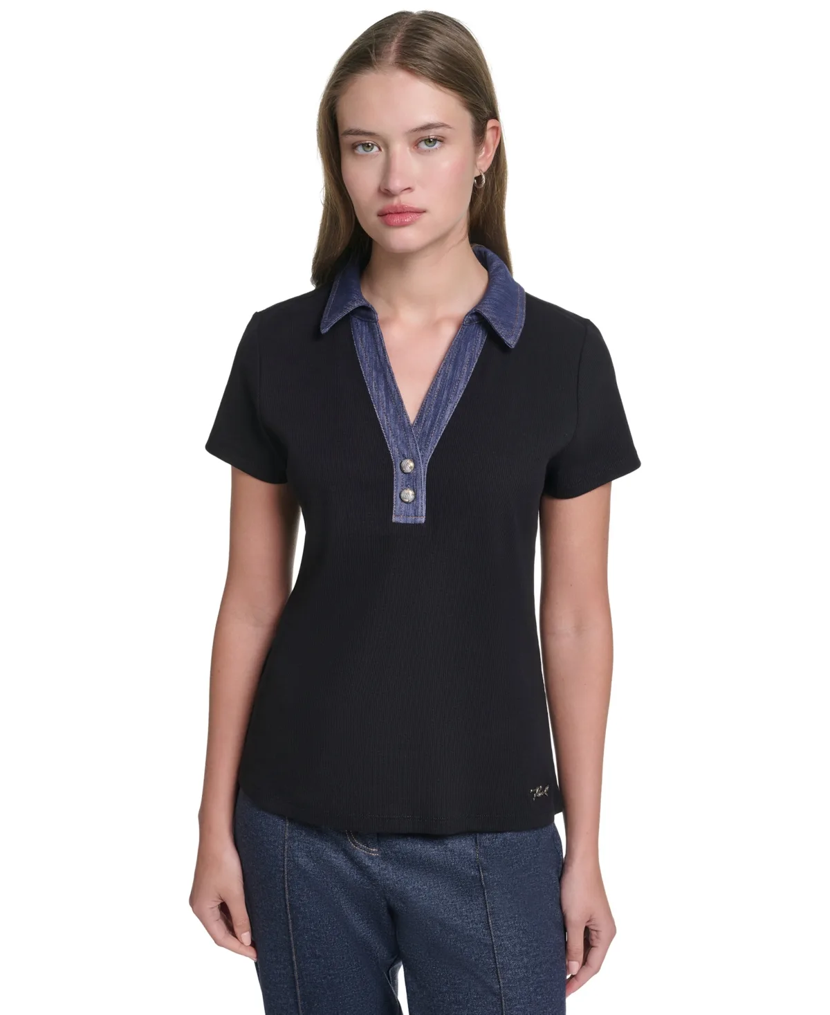 Collared Short-Sleeve Pull-On Top by Karl Lagerfeld Paris