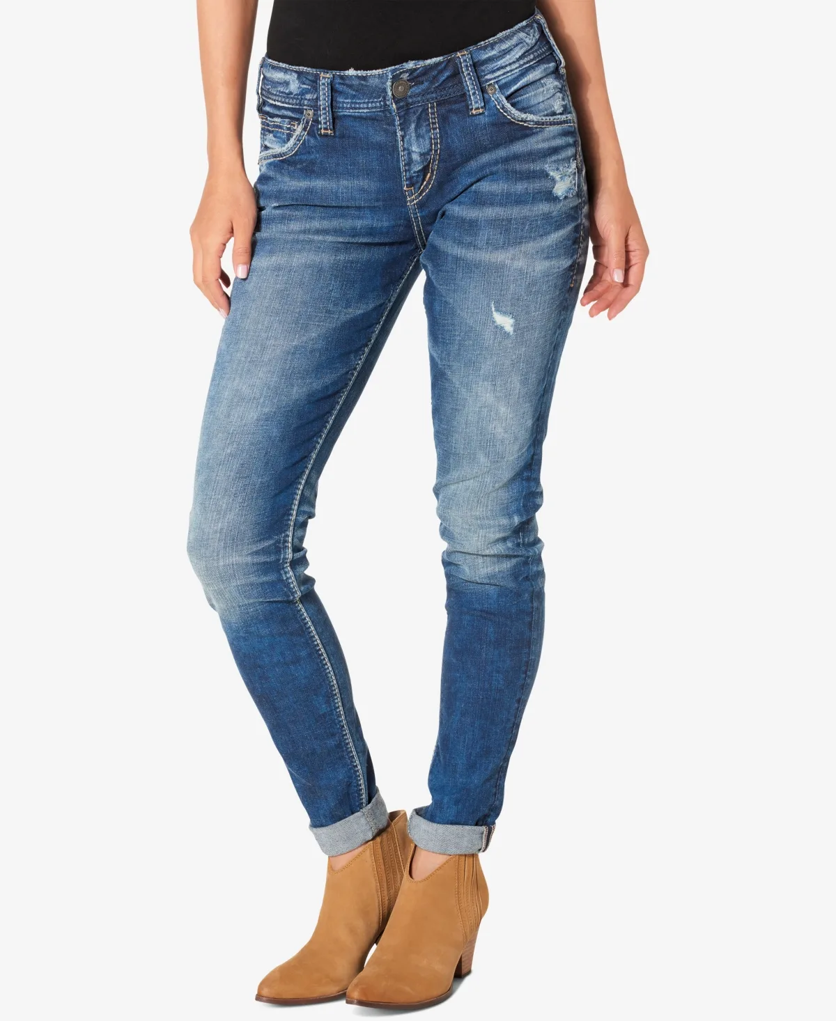 Mid Rise Distressed Girlfriend Jeans by Silver Jeans Co.