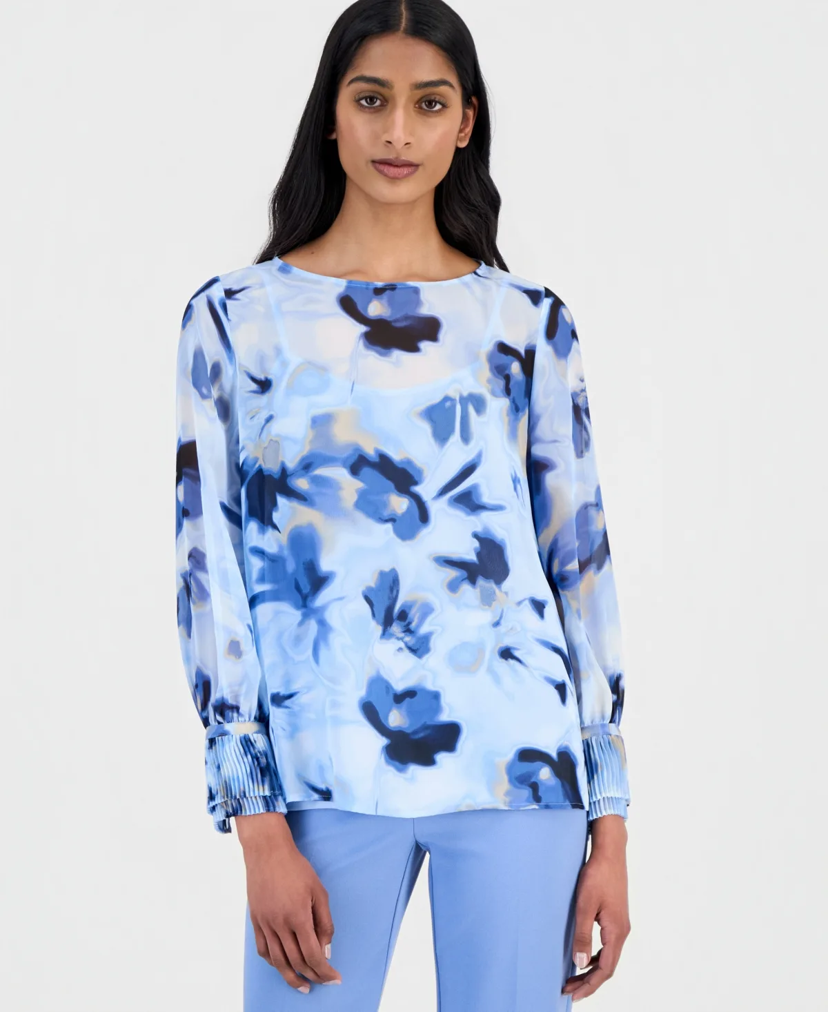 Printed Pleated-Cuff Blouse by Anne Klein