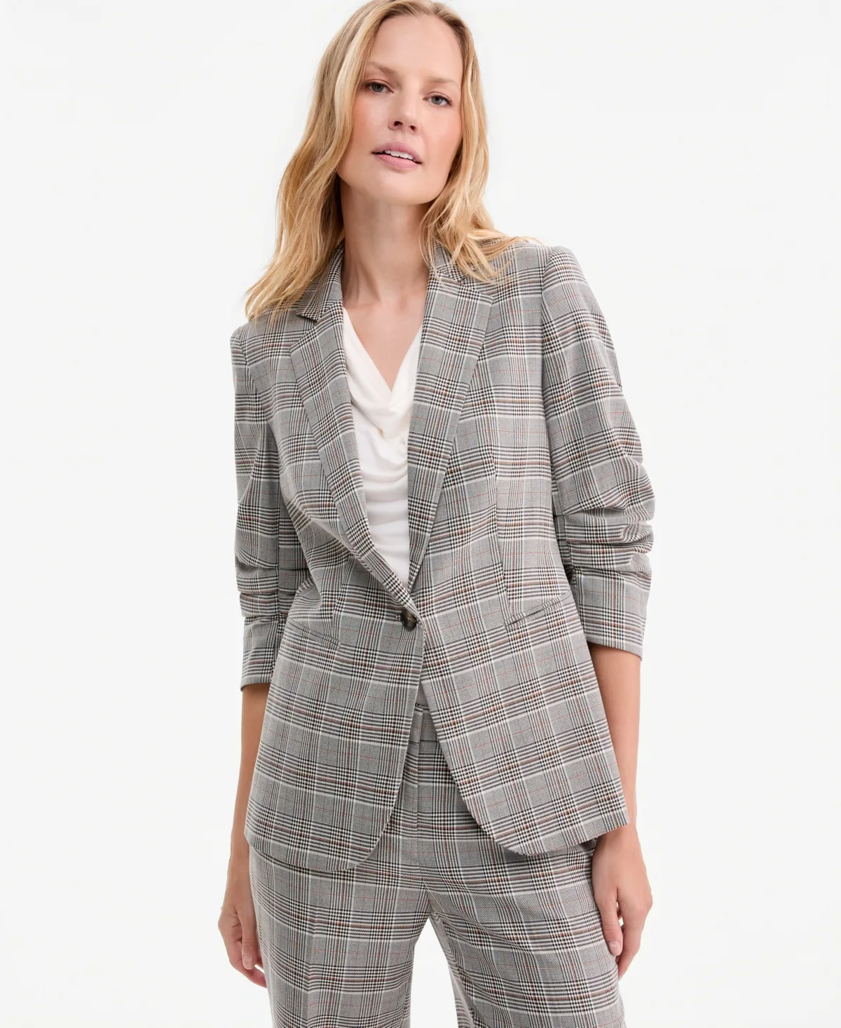 Check Notch-Collar Scrunch-Sleeve Blazer by Anne Klein