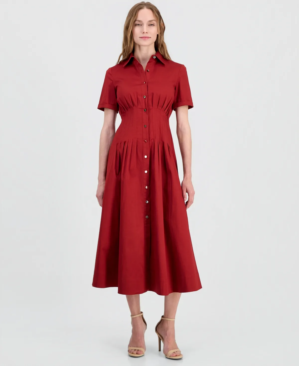 Pleated-Waist Midi Shirt Dress by Anne Klein