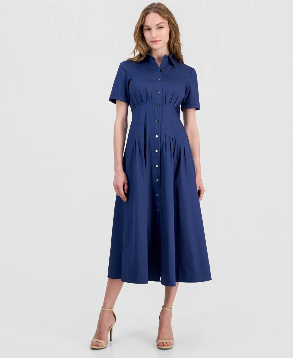 Pleated-Waist Midi Shirt Dress