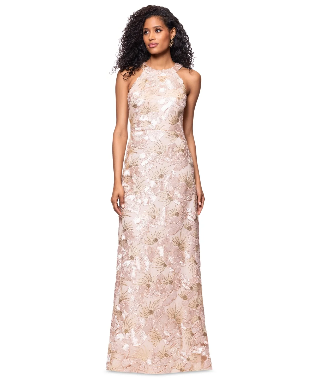 Sleeveless Floral Sequin Sheath Gown by Betsy & Adam
